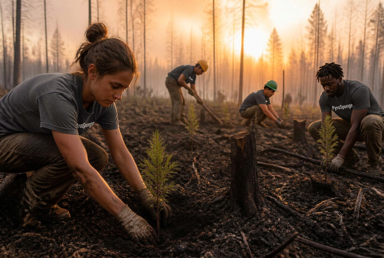 Volunteers planting tree saplings in a wildfire burn scar at sunrise